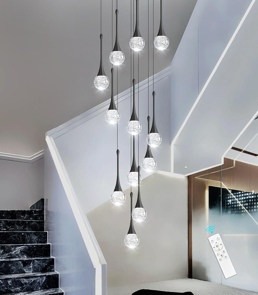 118 inches Modern Glam Crystal Chandelier for High Ceiling LED Dimmable Ceiling Pendant Light Staircase Foyer Enterway Living Room Chandelier Lighting Black 12 Lights