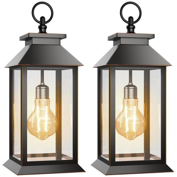 2 Pack Hanging Solar Lanterns Glass Solar Lights Outdoor Waterproof Upgraded Solar and 2 AA Batteries Powered, for Outside Porch, Patio and Indoor Tables, Mantelpiece