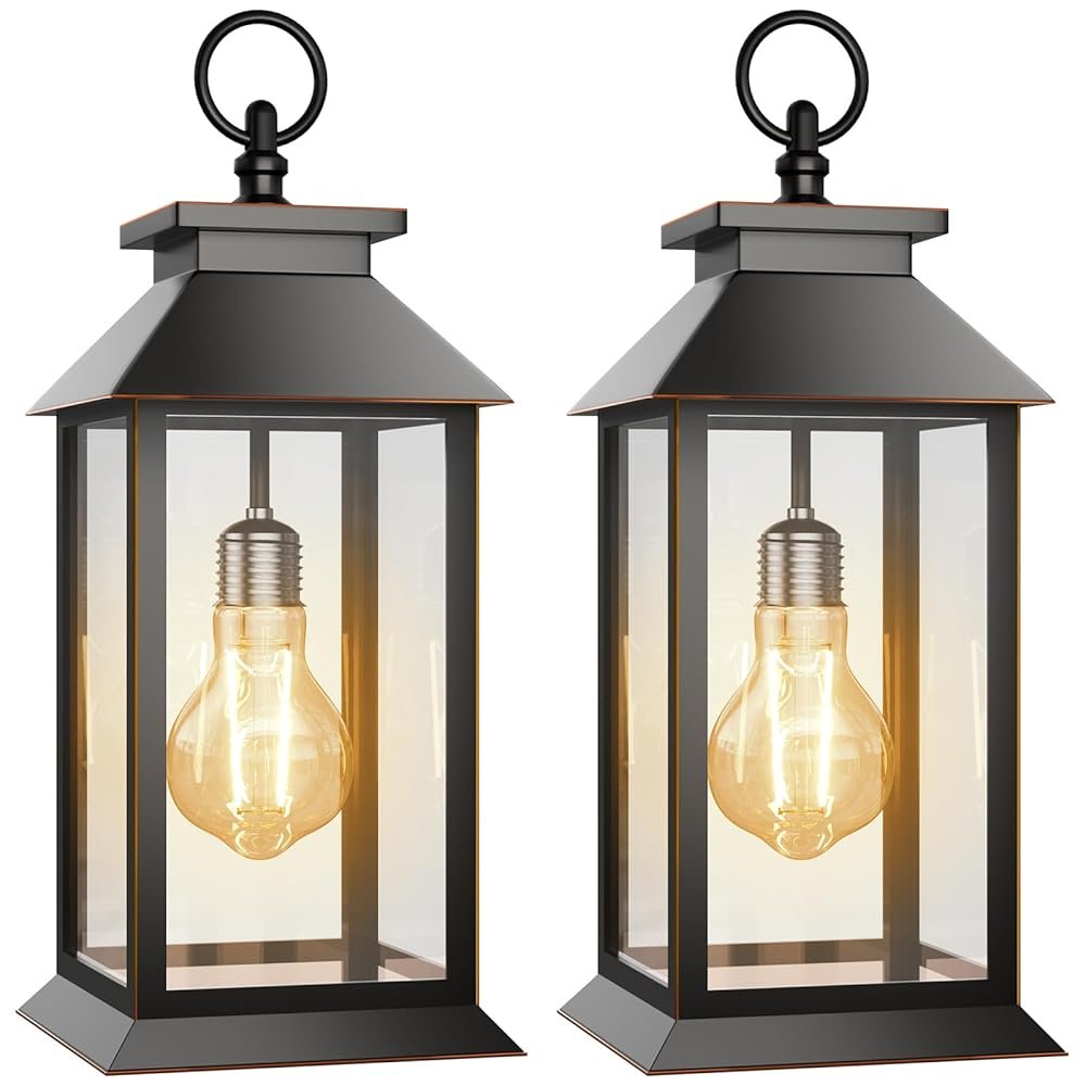 2 Pack Hanging Solar Lanterns Glass Solar Lights Outdoor Waterproof Upgraded Solar and 2 AA Batteries Powered, for Outside Porch, Patio and Indoor Tables, Mantelpiece
