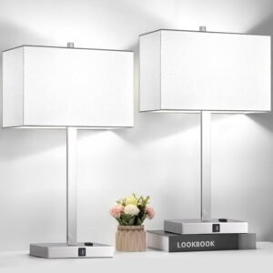 21" Set of 2 Touch Control Table Lamps with 2 USB & AC Outlets, 3-Way Dimmable Modern Nightstand Lamps for Bedroom Living Room Office Reading, White Shade Bedside Lamps, 5000K...