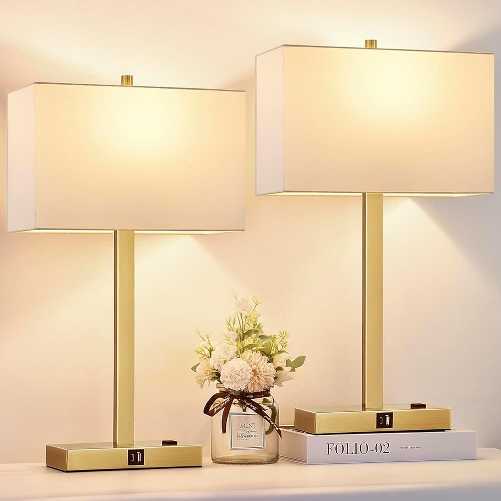 21" Touch Bedside lamps with 2 USB & AC Outlets, 3-Way Dimmable Bedside Table Lamps Set of 2 for Bedroom Living Room Office Reading, White Shade Lamps for Night Stands, 2700K...
