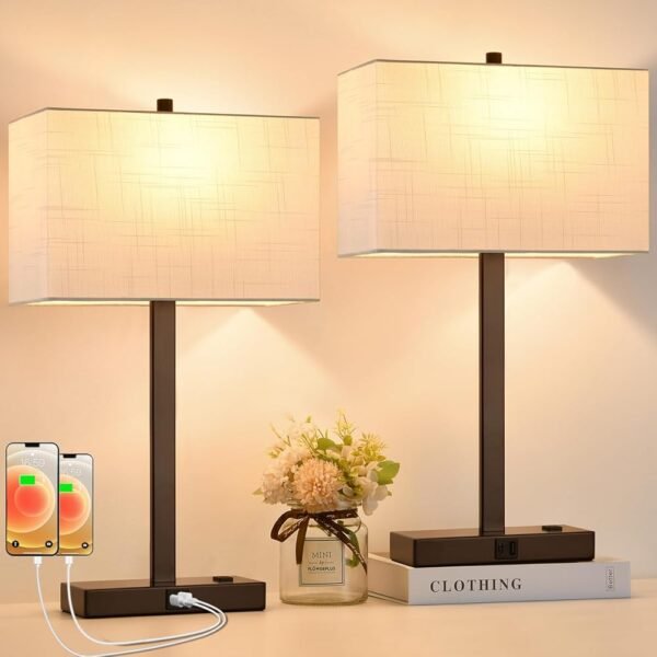 21" Touch Bedside lamps with 2 USB & AC Outlets, 3-Way Dimmable Bedside Table Lamps Set of 2 for Bedroom Living Room Office Reading, White Shade Lamps for Night Stands, 2700K...