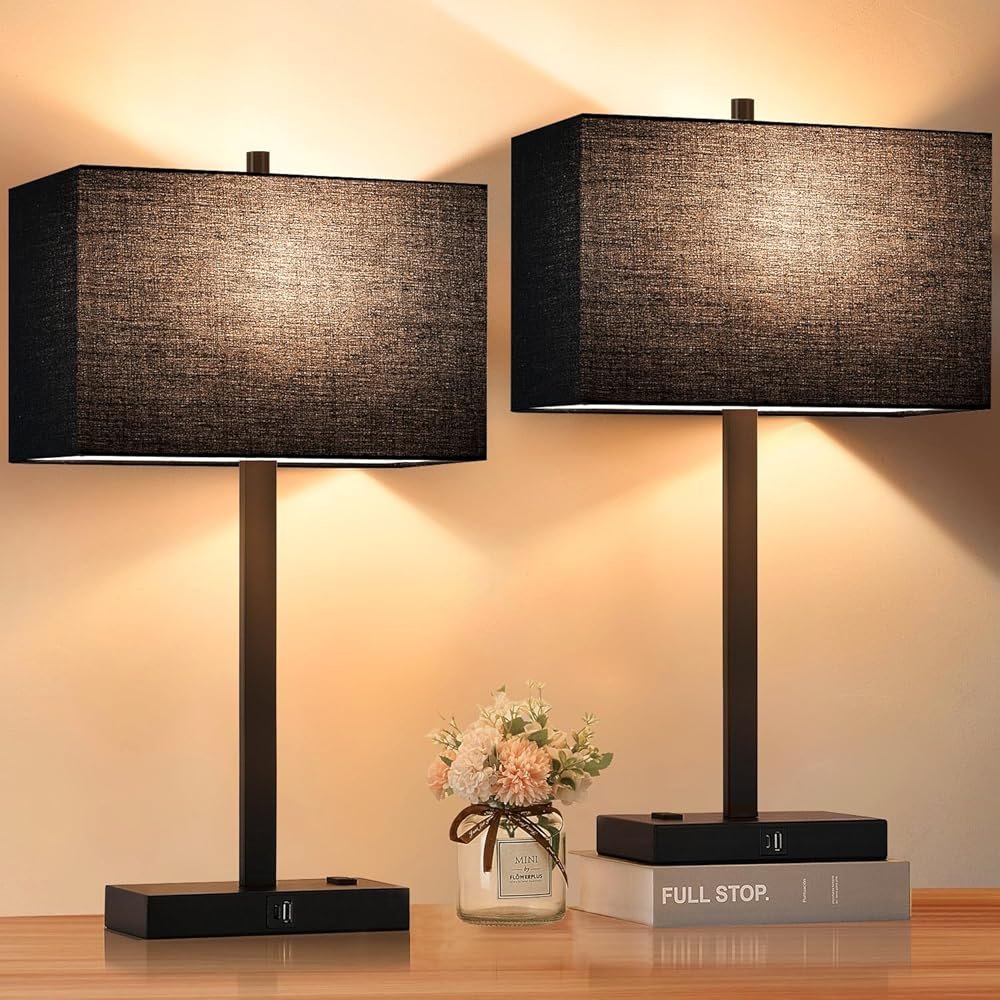 21" Touch Bedside lamps with 2 USB & AC Outlets, 3-Way Dimmable Bedside Table Lamps Set of 2 for Bedroom Living Room Office Reading, Black Shade Lamps for Night Stands, 2700K...