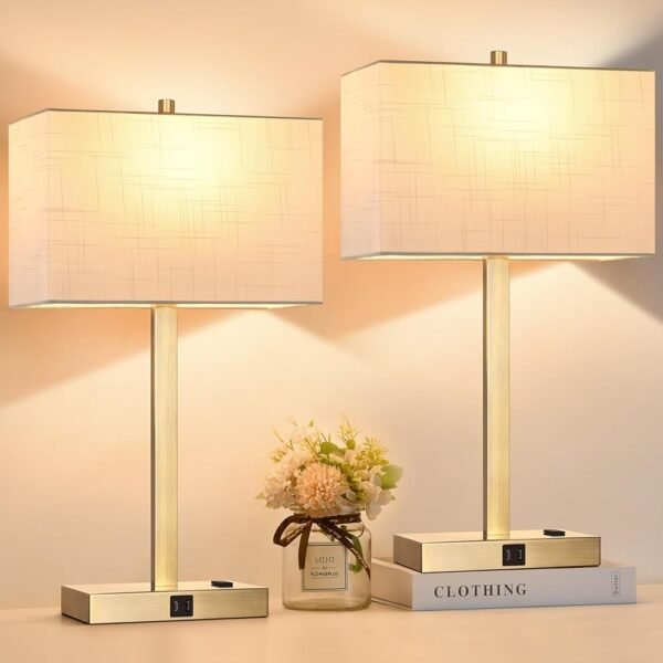21" Touch Bedside lamps with 2 USB & AC Outlets, 3-Way Dimmable Bedside Table Lamps Set of 2 for Bedroom Living Room Office Reading, White Shade Lamps for Night Stands, 2700K...