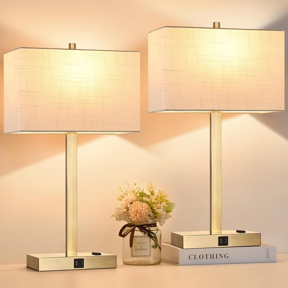 21" Touch Bedside lamps with 2 USB & AC Outlets, 3-Way Dimmable Bedside Table Lamps Set of 2 for Bedroom Living Room Office Reading, White Shade Lamps for Night Stands, 2700K...