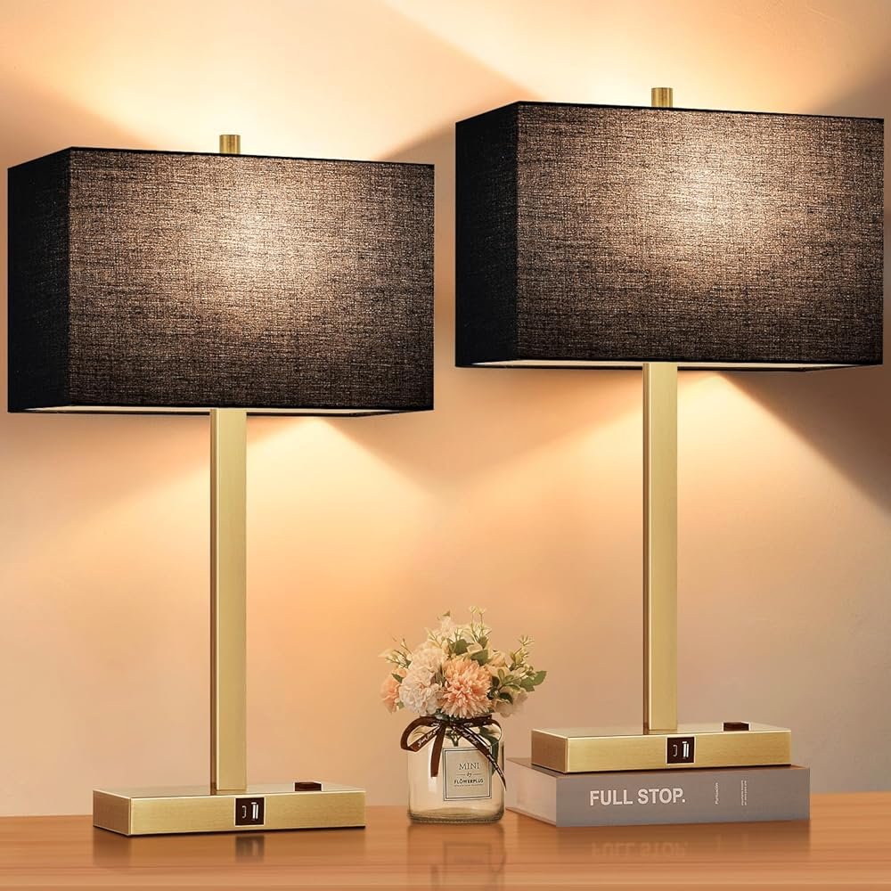 21" Touch Bedside lamps with 2 USB & AC Outlets, 3-Way Dimmable Bedside Table Lamps Set of 2 for Bedroom Living Room Office Reading, Black Shade Lamps for Night Stands, 2700K...