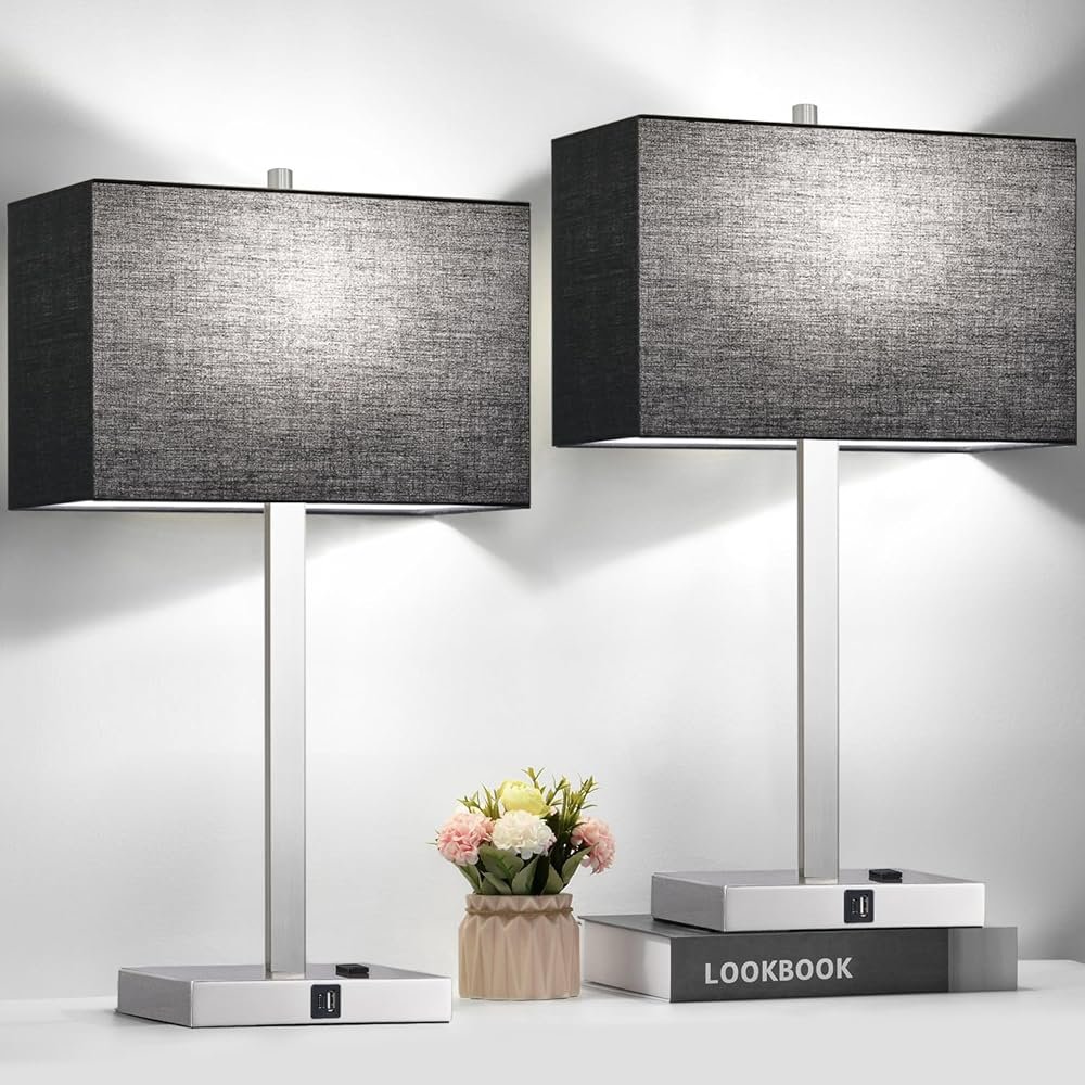 21" Touch Bedside lamps with 2 USB & AC Outlets, 3-Way Dimmable Bedside Table Lamps Set of 2 for Bedroom Living Room Office Reading, Black Shade Lamps for Night Stands, 5000K...