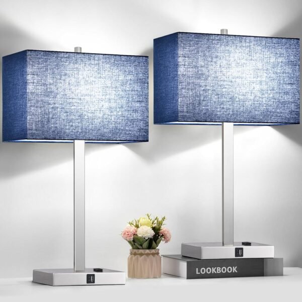 21" Touch Bedside lamps with 2 USB & AC Outlets, 3-Way Dimmable Bedside Table Lamps Set of 2 for Bedroom Living Room Office Reading, Blue Shade Lamps for Night Stands, 5000K LED...