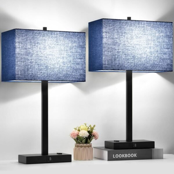21" Touch Bedside lamps with 2 USB & AC Outlets, 3-Way Dimmable Bedside Table Lamps Set of 2 for Bedroom Living Room Office Reading, Blue Shade Lamps for Night Stands, 5000K LED...