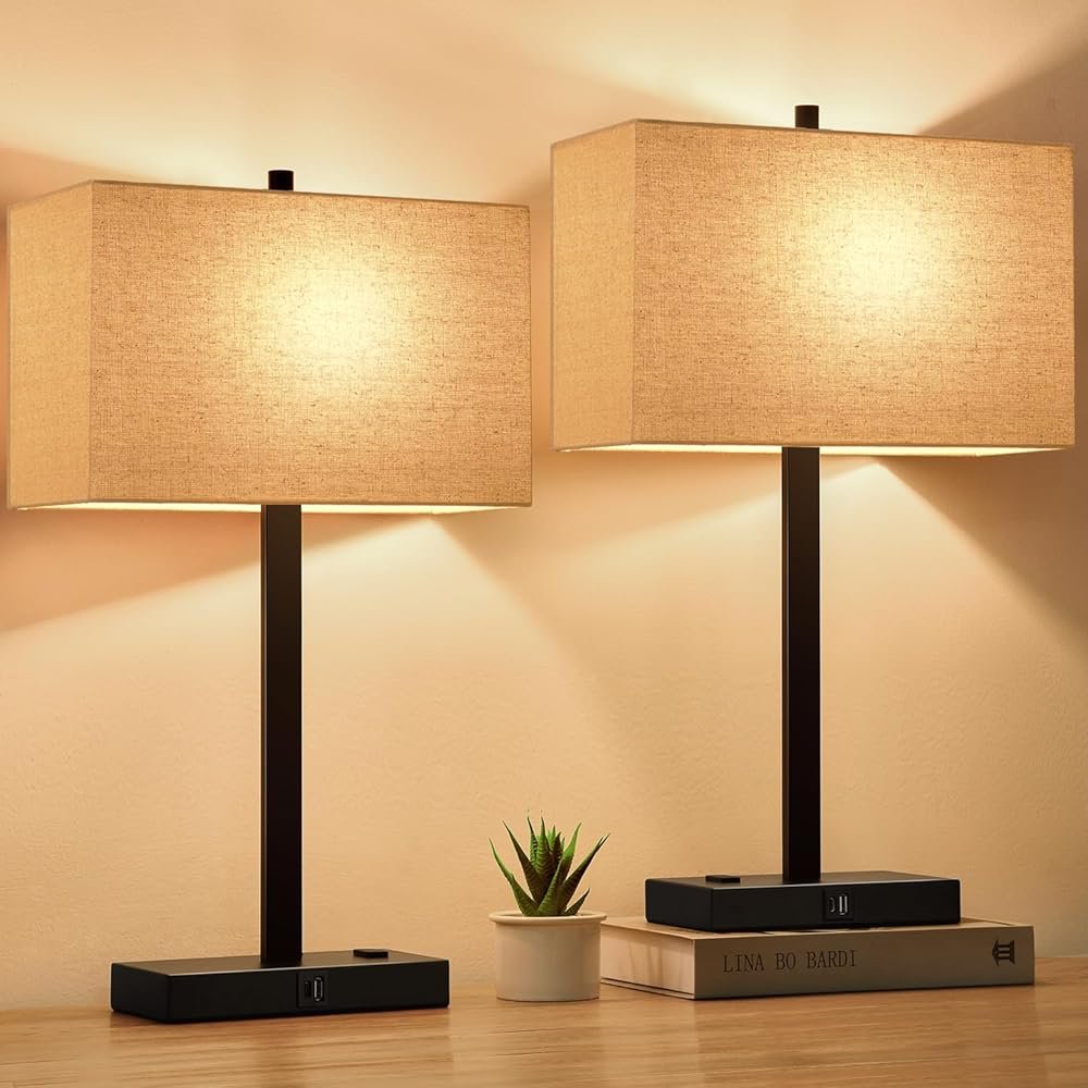 21" Touch Bedside Lamps with 2 USB & AC Outlets, 3-Way Dimmable Bedside Table Lamps Set of 2 for Bedroom Living Room Office Reading, Beige Linen Shade Lamps for Night Stands,...