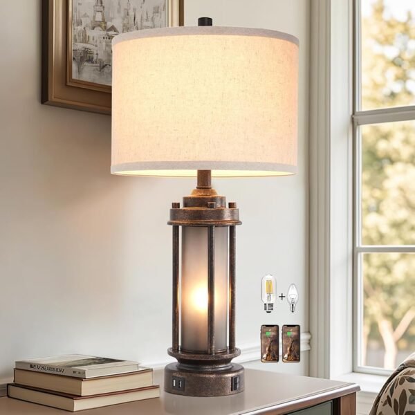 25'' Farmhouse Table Lamp with 2 USB Charging Ports, Rustic Vintage Nightstand Lamp with Frosted Glass Nightlight, Retro Desk Lamp for Living Room Bedroom End Table Entryway, 2...