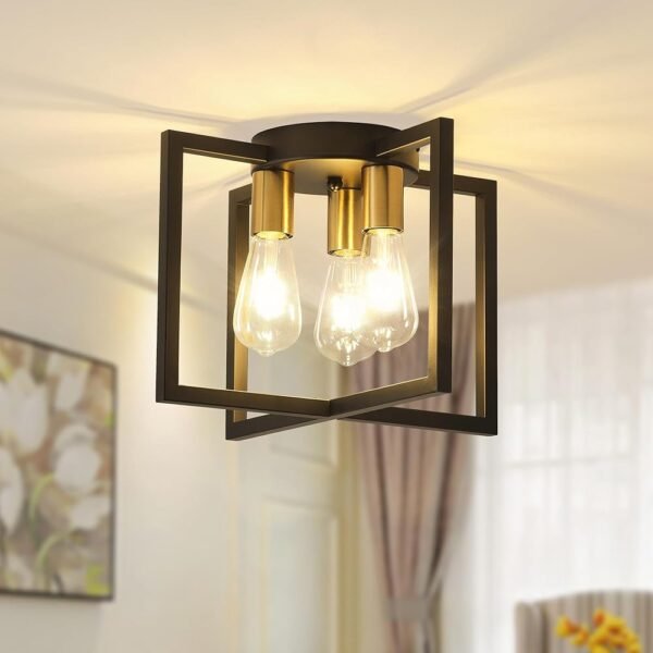 3-Light Ceiling Light Fixture, Black and Gold Semi-Flush Mount Chandelier with Geometric Metal Shade, Farmhouse Industrial Lighting for Kitchen Living Room Bedroom Hallway...