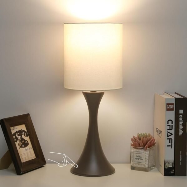3 Way Touch Control Table Lamp, Modern Bedside Lamp Dimmable Nightstand Lamp with Beige Shade and Dark Brown Base, Small Desk Lamp for Living Room, Dorm, Home Office, 9W LED...