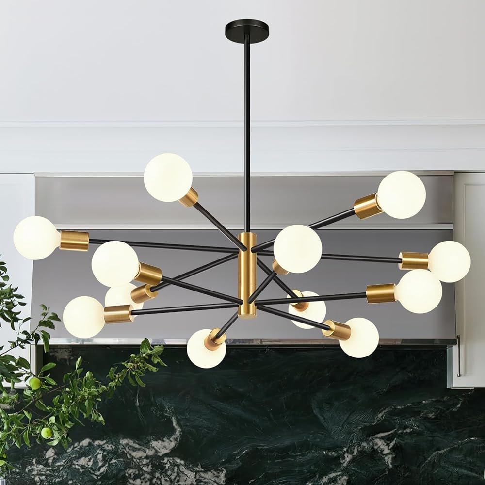 33" Modern Chandelier Ceiling Light Fixture, 12-Light Sputnik Chandeliers Gold and Black Mid Century Chandelier Over Table, Height Adjustable Chandeliers for Dining Room Living...