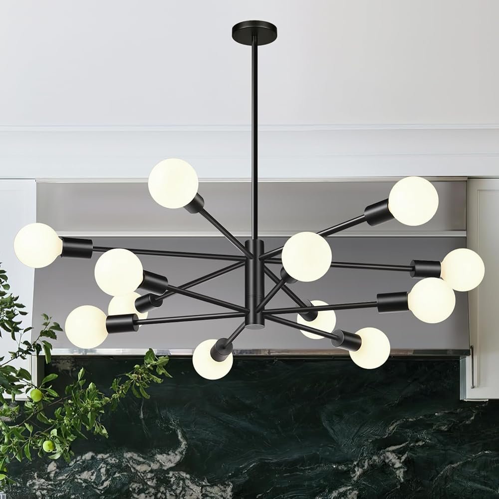 33" Modern Chandelier Ceiling Light Fixture, 12-Light Sputnik Chandeliers Matte Black Mid Century Chandelier Over Table, Height Adjustable Chandeliers for Dining Room Living...
