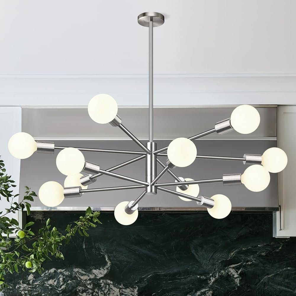 33" Modern Chandelier Ceiling Light Fixture, 12-Light Sputnik Chandeliers Brushed Nickel Mid Century Chandelier Over Table, Height Adjustable Chandeliers for Dining Room Living...