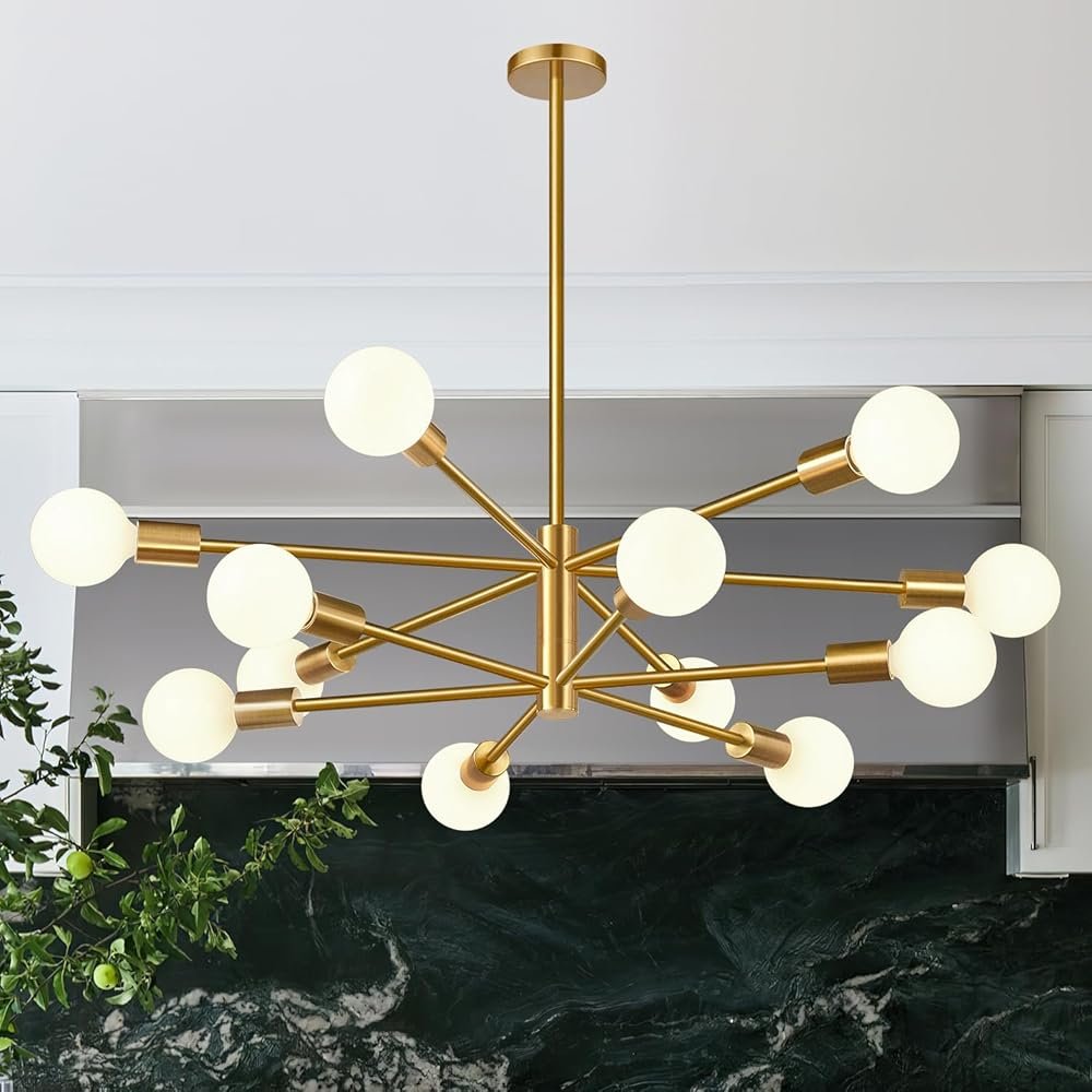 33" Modern Chandelier Ceiling Light Fixture, 12-Light Sputnik Chandeliers Brushed Gold Mid Century Chandelier Over Table, Height Adjustable Chandeliers for Dining Room Living...