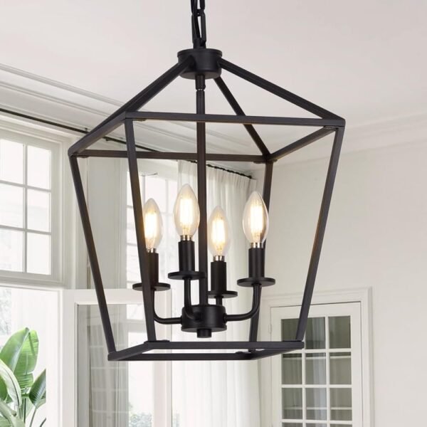 4 Light Chandelier, Industrial Ceiling Light Black Lantern Light Fixtures with Farmhouse Metal Cage Adjustable Height Rustic Geometric Hanging Light E12 Base for Kitchen Island,...