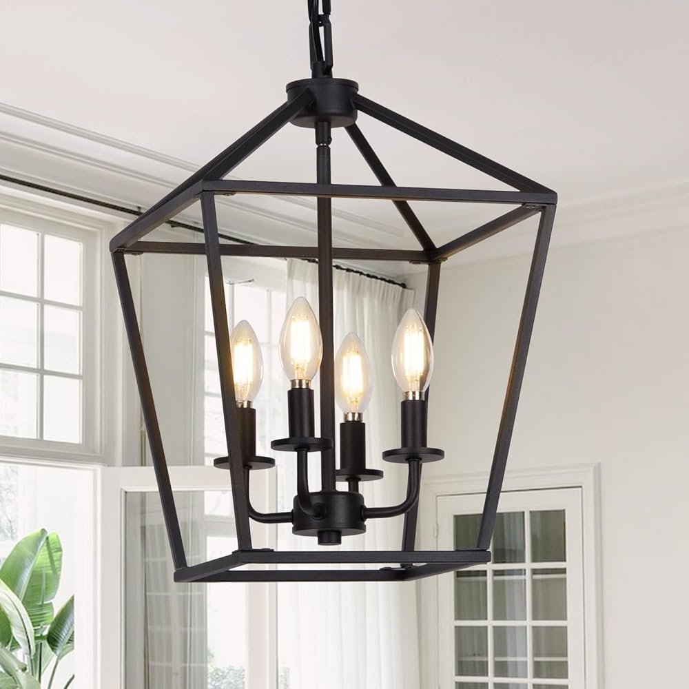4 Light Chandelier, Industrial Ceiling Light Black Lantern Light Fixtures with Farmhouse Metal Cage Adjustable Height Rustic Geometric Hanging Light E12 Base for Kitchen Island,...