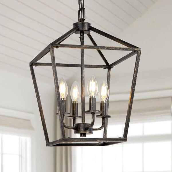 4 Light Chandelier Lighting, Industrial Ceiling Light Black Lantern with Brushed Gold, Geometric Metal Hanging Light Fixture with Adjustable Chain, E12 Base for Entryway Kitchen...