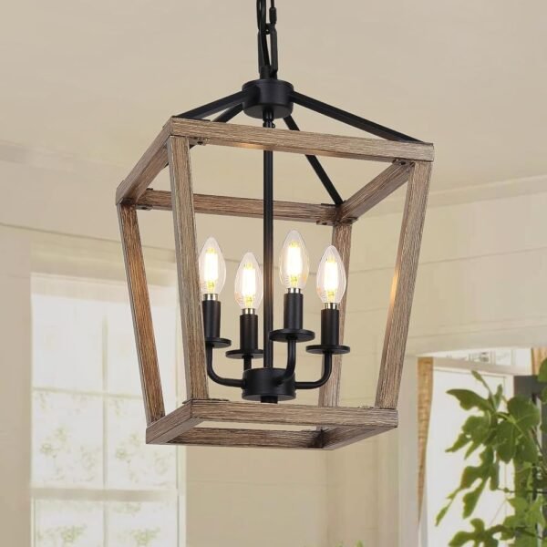4 Light Farmhouse Chandelier, Rustic Ceiling Light Lantern Light Fixture with Wood Painted Metal Cage and Adjustable Chain, E12 Base Geometric Hanging Light Fixture for...