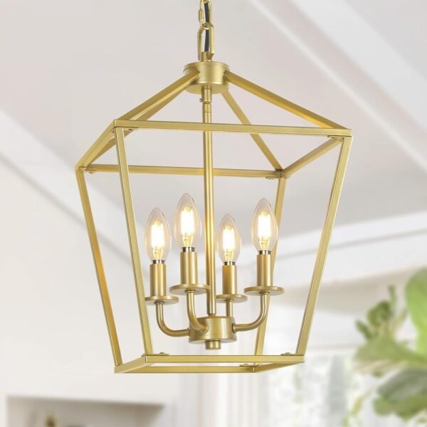 4 Light Gold Chandelier, Industrial Ceiling Light Lantern Light Fixtures with Farmhouse Metal Cage Adjustable Height Rustic Geometric Hanging Light E12 Base for Kitchen Island,...