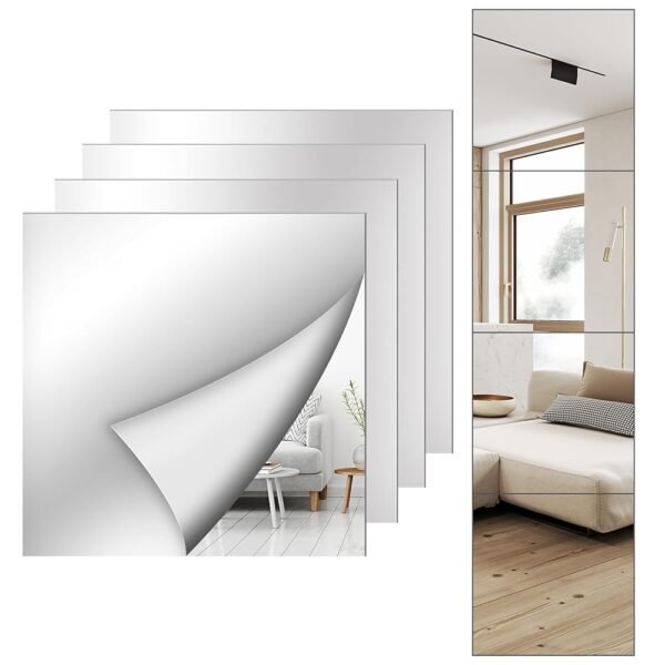 4 Pack Wall Mirror Full Length, 12 x 12 Inch Acrylic Mirror Tiles, Shatterproof Flexible Plastic Mirror Sheets for Bedroom Home Gym Door