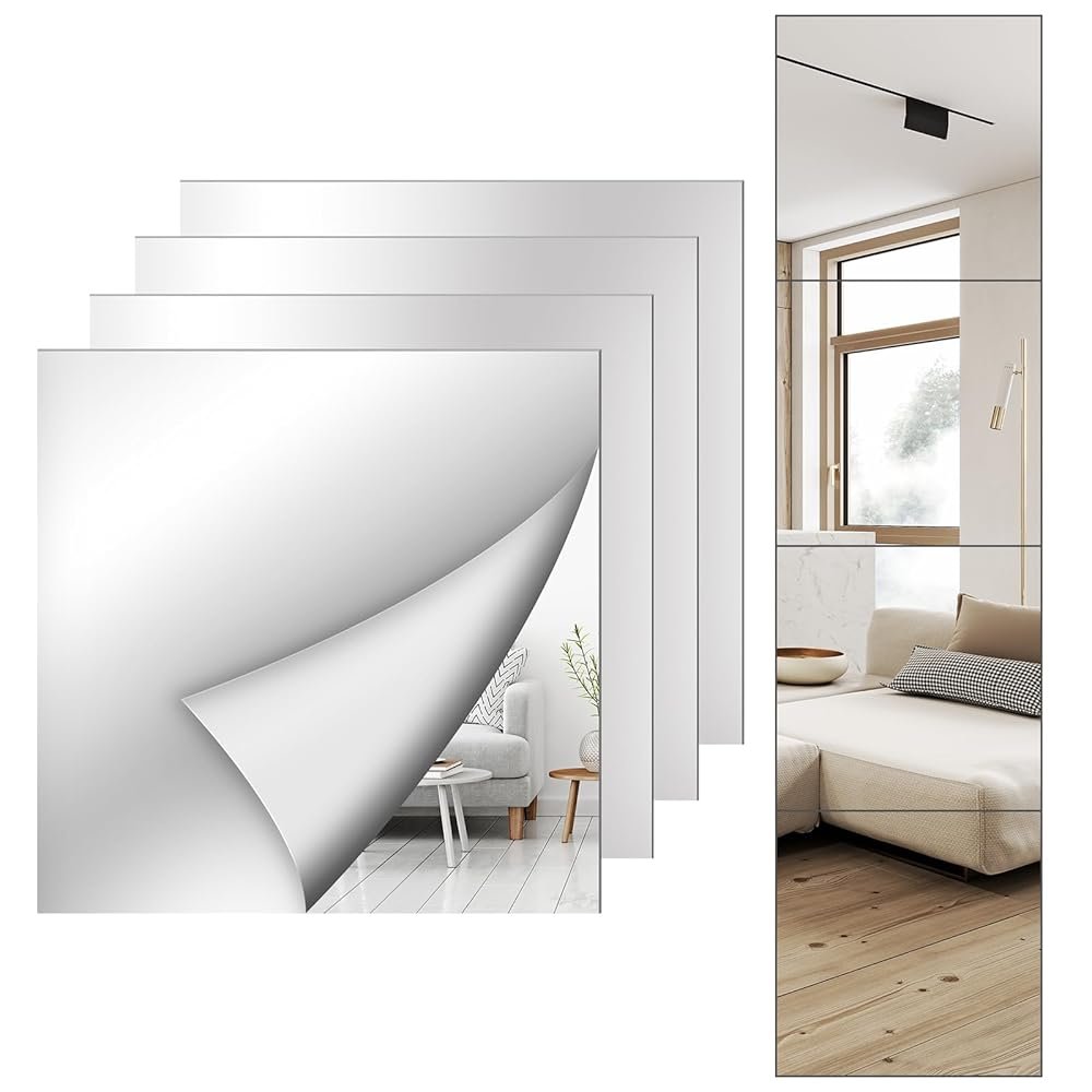 4 Pack Wall Mirror Full Length, 12 x 12 Inch Acrylic Mirror Tiles, Shatterproof Flexible Plastic Mirror Sheets for Bedroom Home Gym Door
