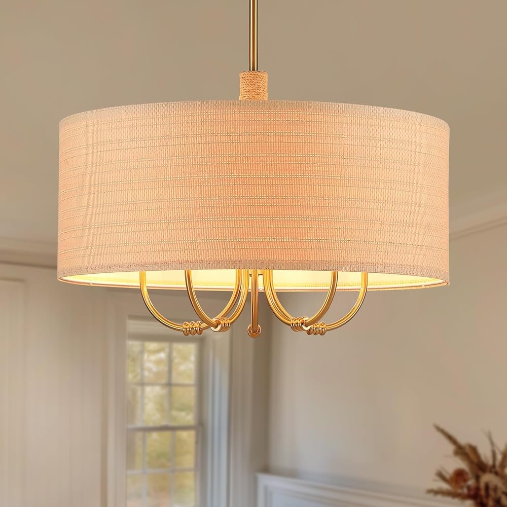5-Lights Modern Chandelier,Hand-Woven Rattan Chandelier,Antique Brass Farmhouse Boho Drum Chandeliers Light Fixture for Dining Room Kitchen Island Living Room