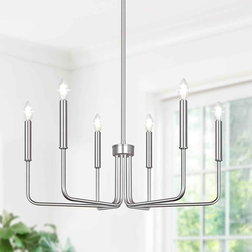 6-Light Farmhouse Chandelier for Dining Room Lighting Fixtures Hanging, Brushed Nickel Dining Light Fixtures Industrial Chandelier for Bedroom, Foyer, Hall, Kitchen, Living Room...