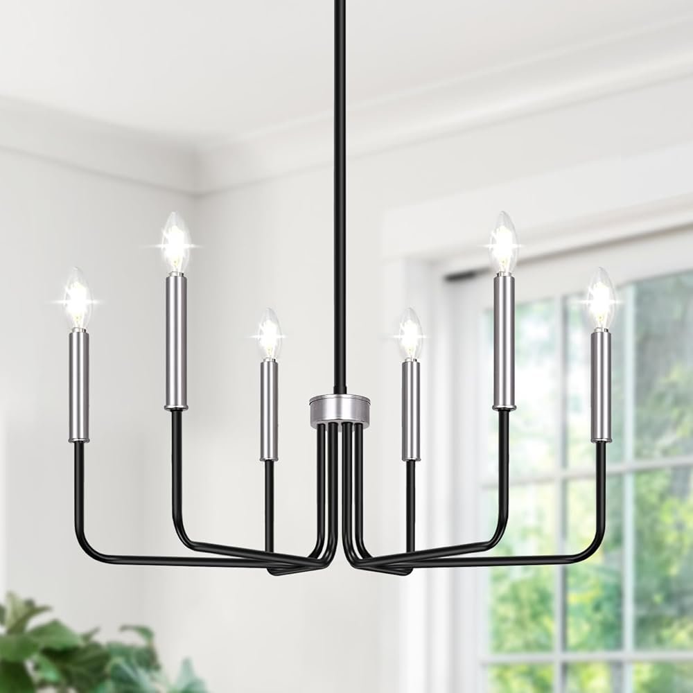 6-Light Farmhouse Chandelier for Dining Room Lighting Fixtures Hanging, Black and Silver Dining Light Fixtures Industrial Chandelier for Bedroom, Foyer, Hall, Kitchen, Living...