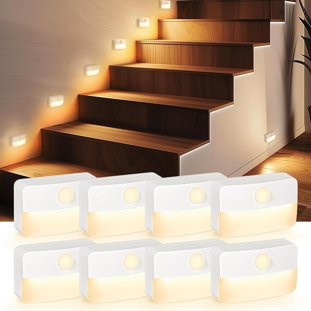 8 Pack Motion Sensor Stair Light for Indoor, Battery Operated Closet Lights, Wireless Stick on Anywhere Hallway Lamp, 40 Lumen 3000K Portable Led Night Lamps for Bedroom Under...