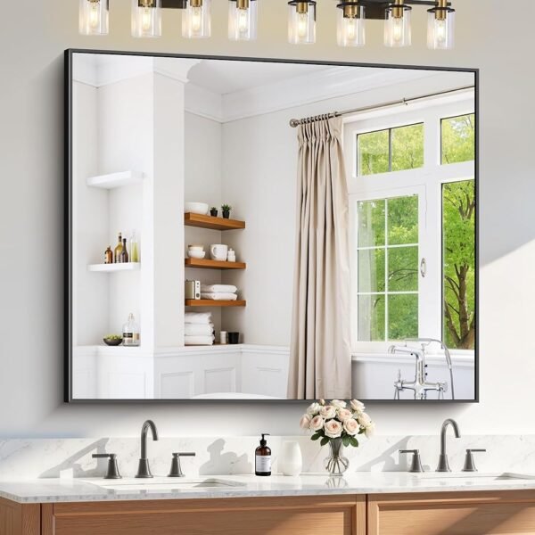 Bathroom Mirror for Wall 48"x40", Large Matte Black Bathroom Mirror with Metal Frame, Rectangular Vanity Mirror with Right Angles, Wall Mirror Hangs Horizontal or Vertical,...