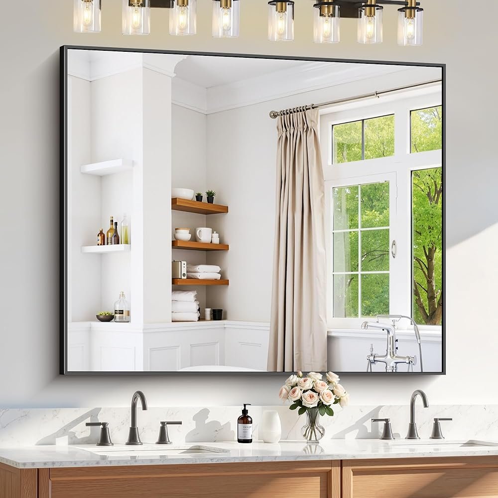 Bathroom Mirror for Wall 48"x40", Large Matte Black Bathroom Mirror with Metal Frame, Rectangular Vanity Mirror with Right Angles, Wall Mirror Hangs Horizontal or Vertical,...