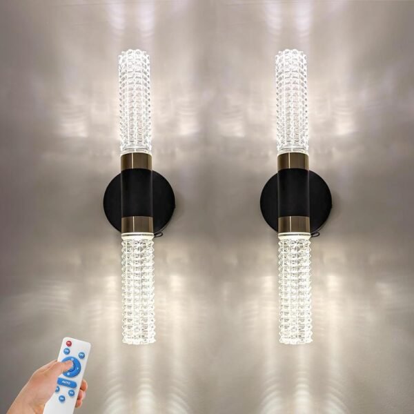 Battery Operated Black Gold Wall Sconces Set of Two, 10000 mAh Rechargeable Battery Powered Wall Sconce with Remote Control, 16 Inch Non-Hardwired Wireless Crystal Wall Scones...