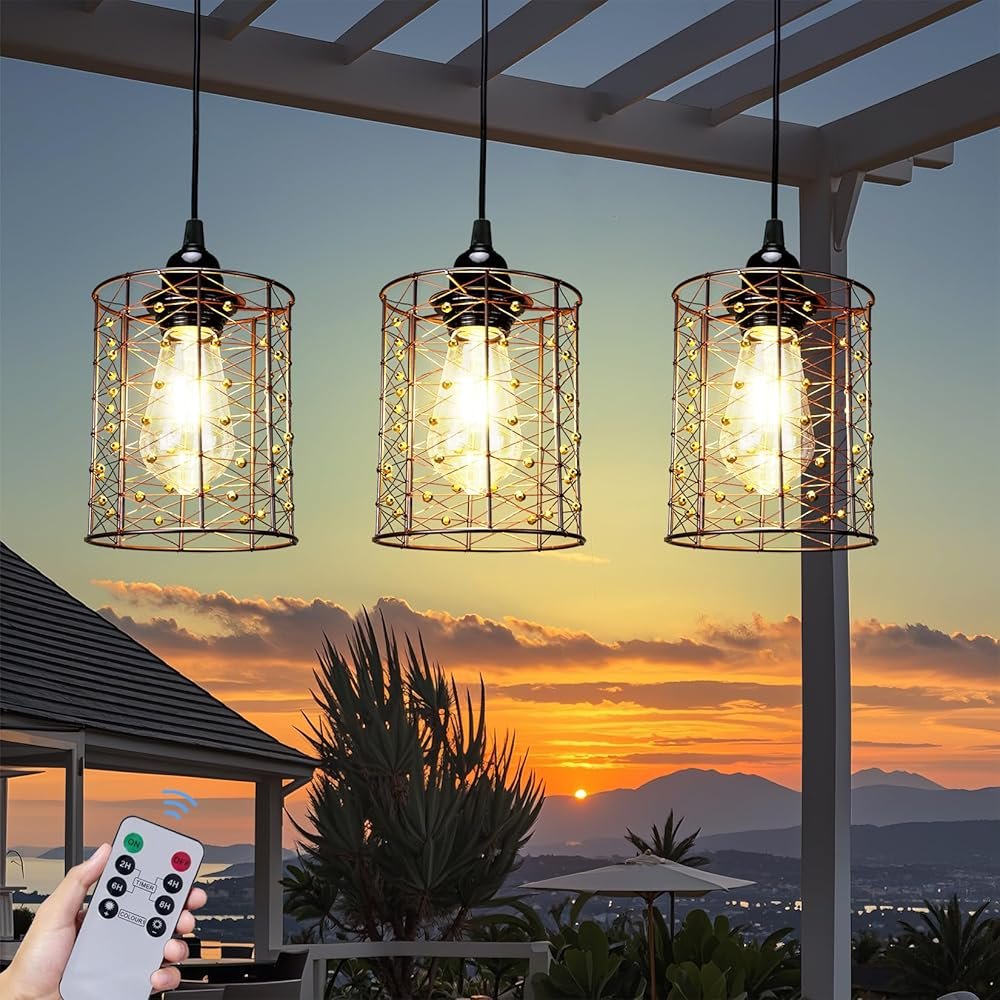 Battery Operated Hanging Outdoor Chandelier, Battery Pendant Light, Gazebo Lights Outdoor Waterproof, 4 AA Batteries, for Gazebo, Pergola, Porch, Patio, Indoor/Outdoor Decor...