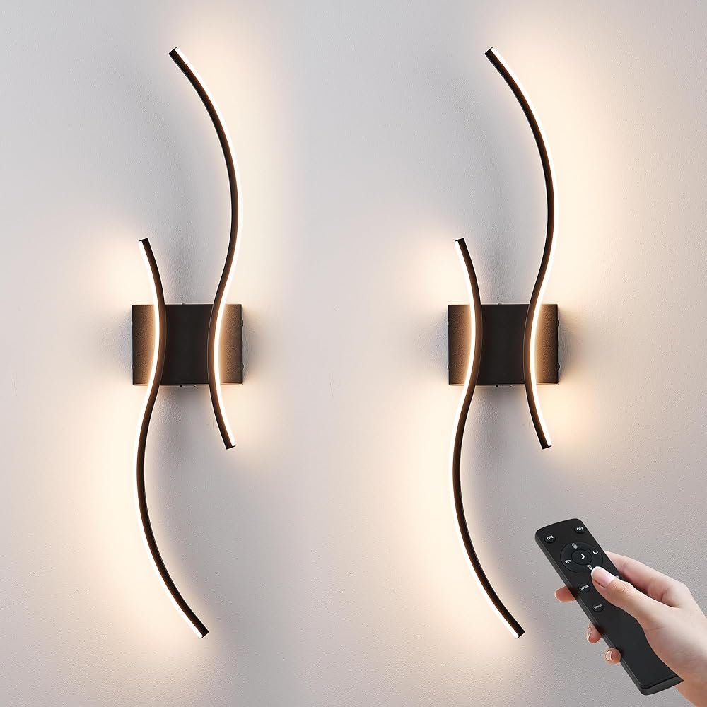 Battery Operated Wall Sconces Set of Two with Remote Control, Stepless Colors 3000K-6000K & Dimming, LED Black Wireless Wall Light for Living Room, Hallway, Bedroom, 27.5 Inch...