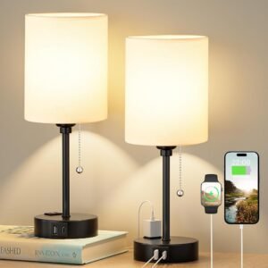 Bedside Table lamp for Bedroom Set of 2-3 Color Temperatures Small Lamps with USB C and A Ports, Pull Chain Table Lamps with AC Outlet, White Nightstand Lamps with Black Metal...