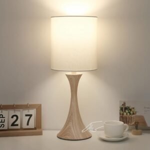 Bedside Touch Lamp, 3 Way Dimmable Touch Control Table Lamp, Wood Grain Farmhouse Table Lamp, Modern Nightstand Lamp with White Shade for Bedroom, Dorm, Office, 3000K LED Bulb...