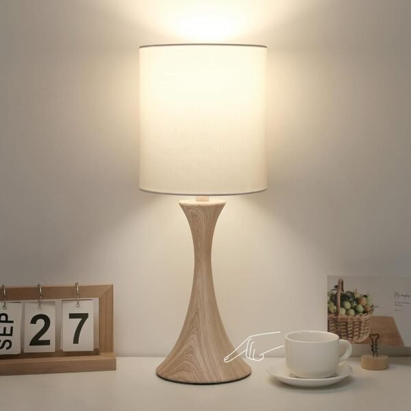 Bedside Touch Lamp, 3 Way Dimmable Touch Control Table Lamp, Wood Grain Farmhouse Table Lamp, Modern Nightstand Lamp with White Shade for Bedroom, Dorm, Office, 3000K LED Bulb...