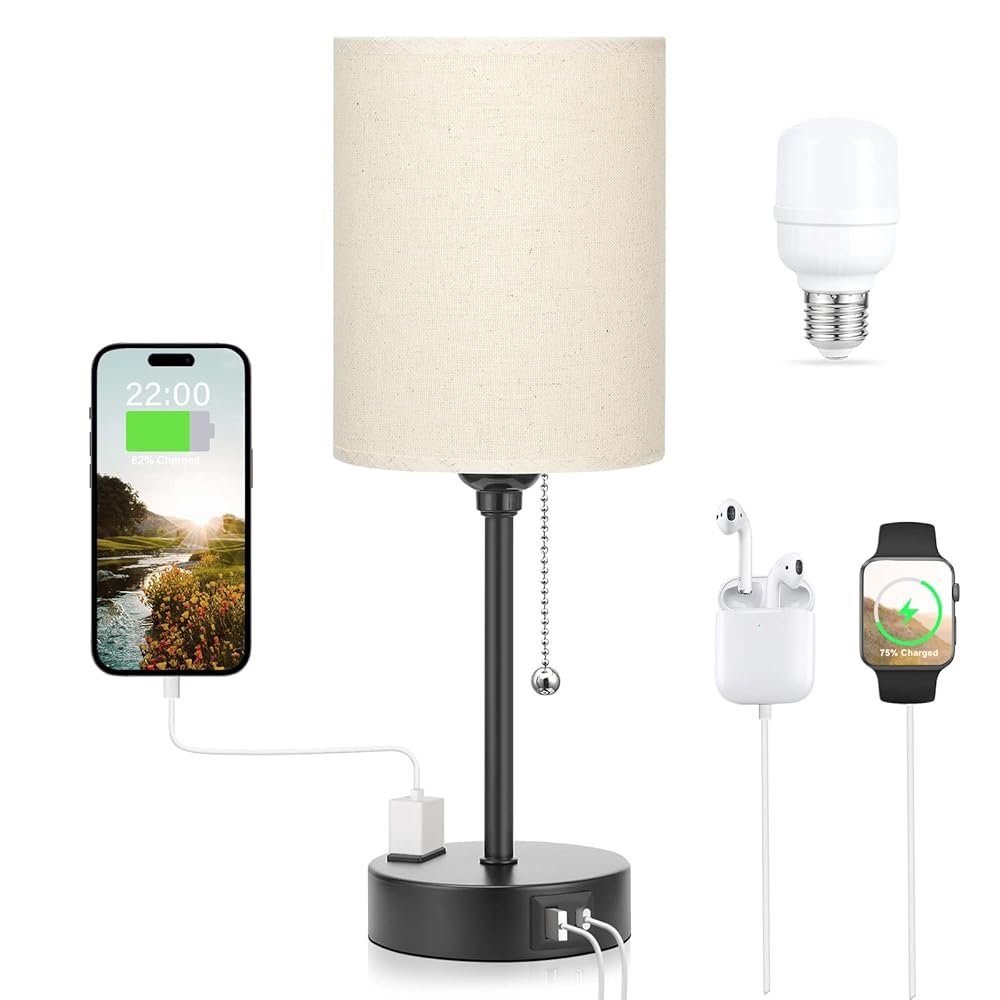 Beige Small Lamps 3 Levels Brightness - 2700K 3500K 5000K Bedside Lamps with USB C and A Ports, Pull Chain Table Lamps with AC Outlet, Nightstand Lamps with Black Metal Base for...
