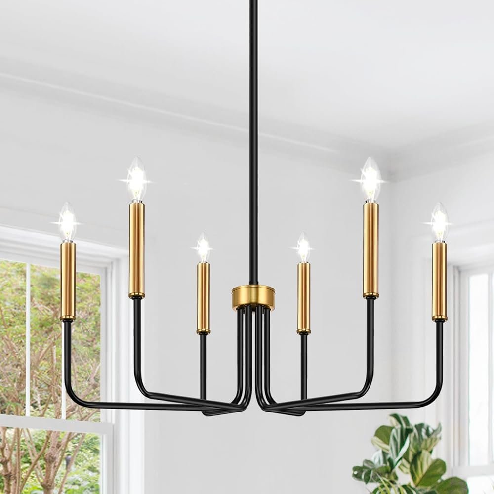 Black and Gold Chandelier, 6-Light Farmhouse Chandelier for Dining Room Lighting Fixtures Hanging, Dining Light Fixtures Industrial Modern Light Fixture for Bedroom, Foyer,...