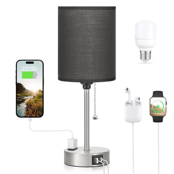 Black Table Lamp for Bedroom Nightstand - 3 Color Temperature Bedside Lamp with USB C and A Ports, Pull Chain Lamp for Bedroom with AC Outlet, Small Lamps Silver Metal Base for...