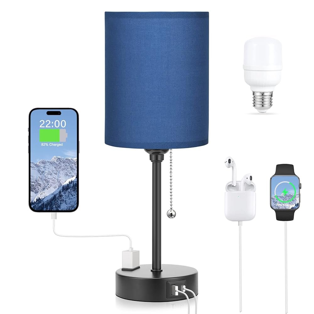 Blue Table Lamps 3 Color Temperatures - 2700K 3500K 5000K Bedside Lamps with USB C and A Ports, Pull Chain Lamps for Bedrooms with AC Outlet, Nightstand Lamps with Black Metal...