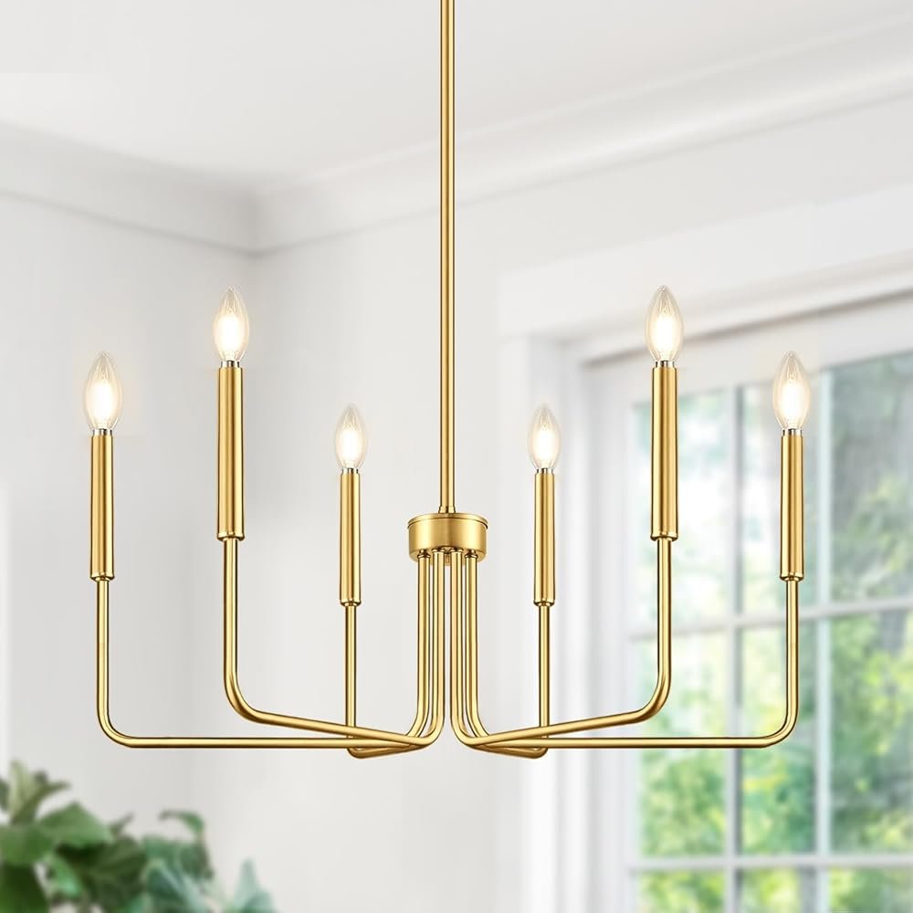 Brass Gold Chandelier, 6-Light Chandelier Light Fixture Farmhouse Chandeliers for Dining Room, Vintage Candle Pendant Light Fixtures Chandelier for Bedroom, Kitchen, Foyer,...