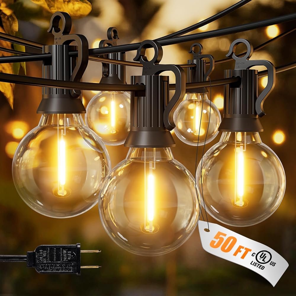 Brightown Outdoor String Lights, 50FT 25 G40 Bulbs Shatterproof Patio Lights, IP65 Waterproof Dimmable Hanging Connectable Globe LED Outdoor Lights for Backyard, Bistro, Porch,...