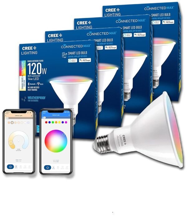Cree Lighting Connected Max Smart Led Bulb Par38 Outdoor Flood Tunable White + Color Changing, 2.4 Ghz, Compatible with Alexa and Google Home, No Hub Required, Bluetooth + WiFi,...