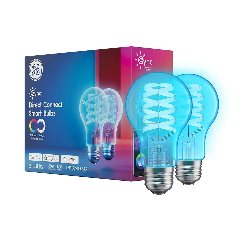 Cync GE A19 Direct Connect LED Light Bulb, Color Changing Smart Light, Matter Compatible, Compatible with Alexa and Google Home (2-Pack)