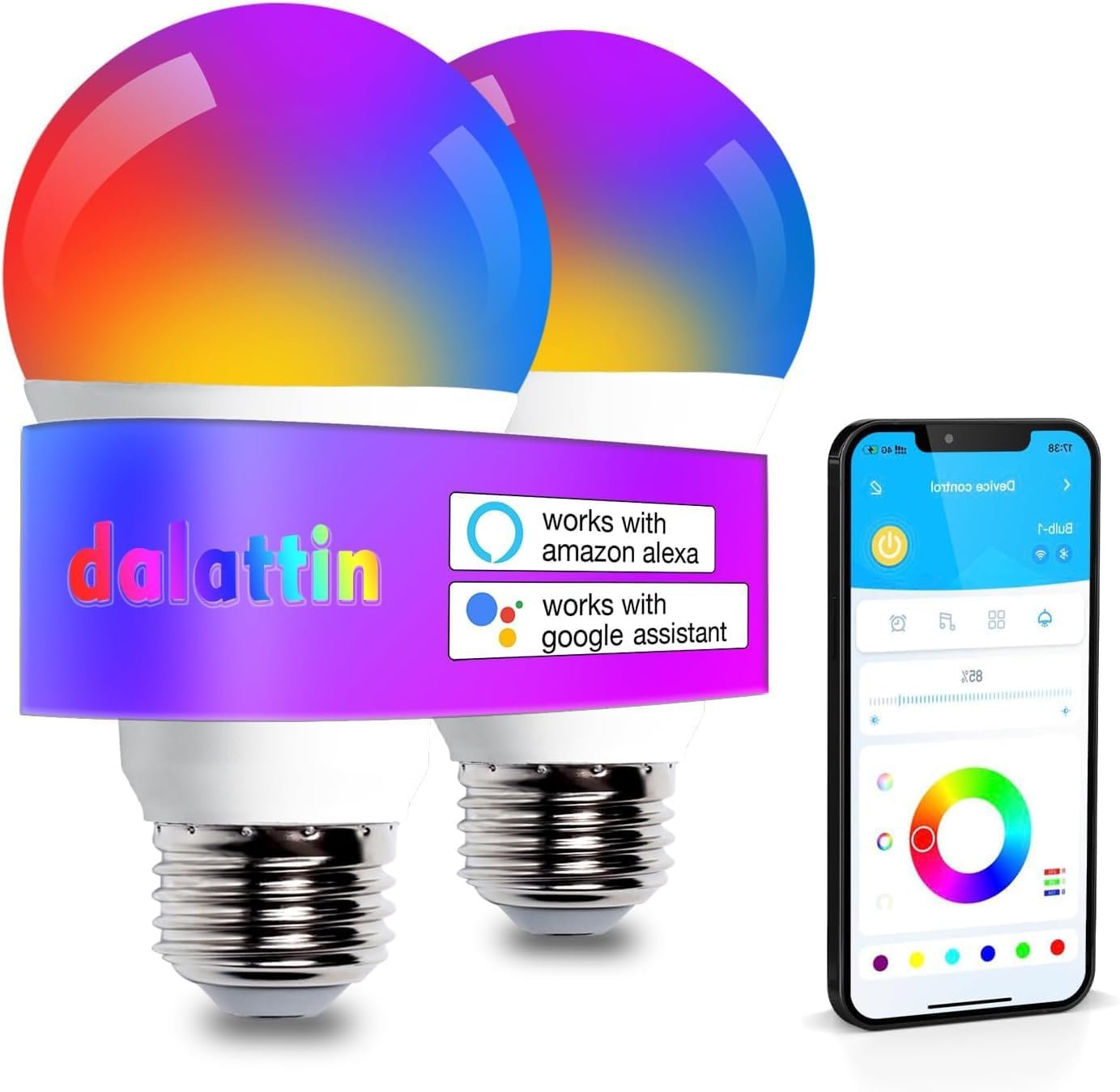 dalattin A19 Smart Bulb, WiFi RGBCW Color Changing Light Bulb, Led Light Bulb Compatible with Alexa & Google Assistant, E26 Led Bulb 60 Watt Equi, 800LM, 2.4GHz, 2 Pack