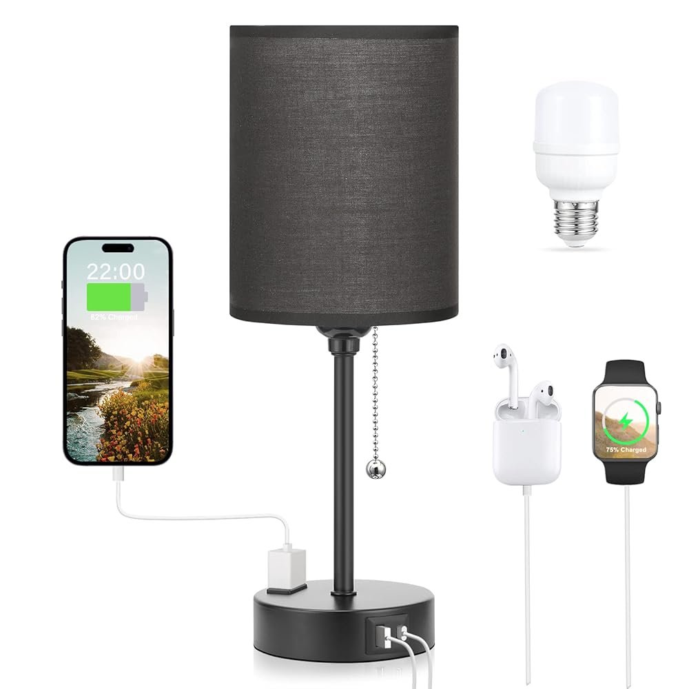 Dicoool Black Bedroom Lamp 3 Color Temperatures - Small Bedside Lamps with USB C and A Ports, Pull Chain Table Lamps with AC Outlet, Black Nightstand Light for Kids Sleeping